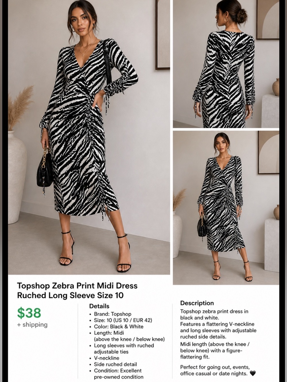 Topshop Zebra Print Midi Dress Ruched Long Sleeve Size 10
⸻